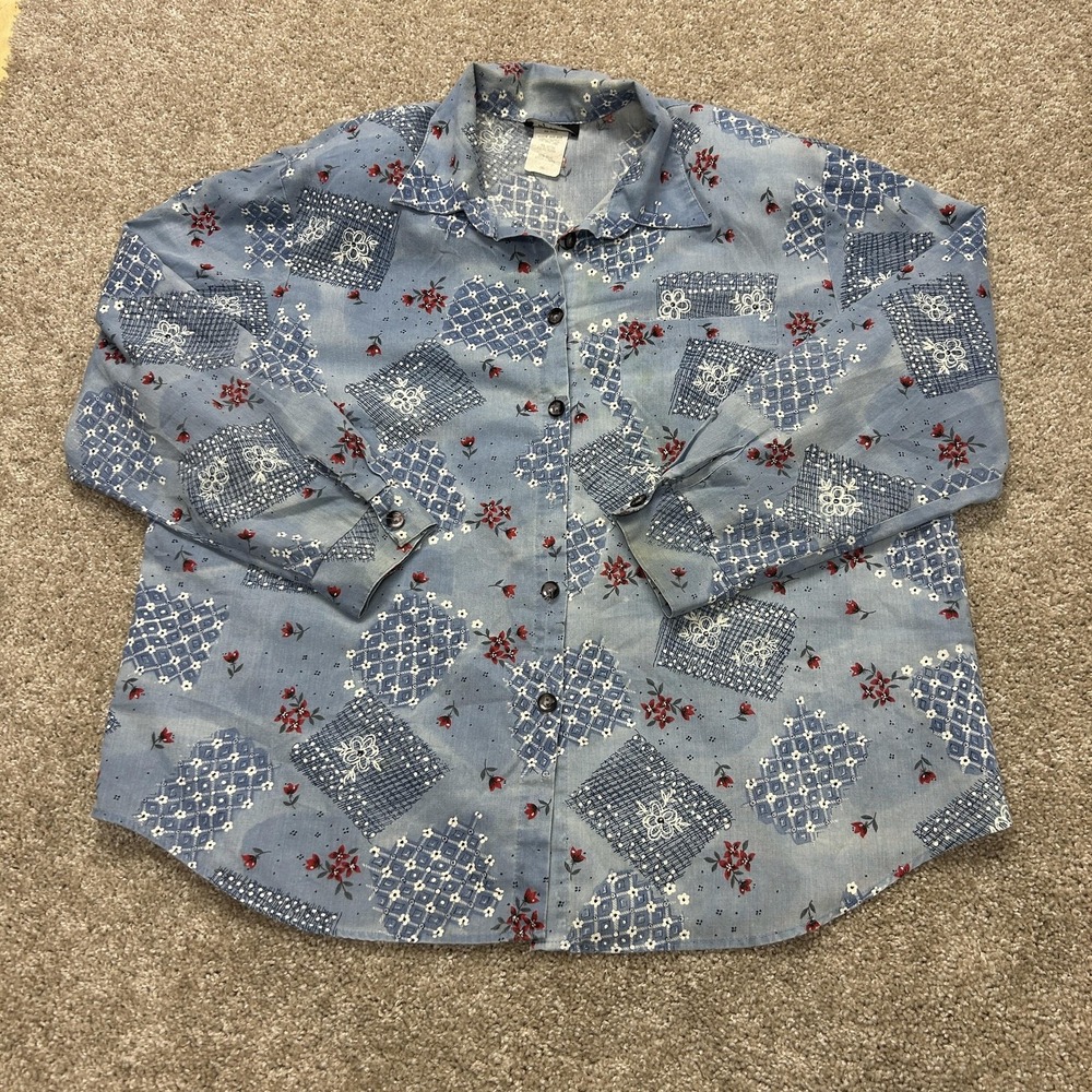 Vintage Top & Co Shirt Womens 20W Blue Floral Chambray Button Up Long Sleeve Top